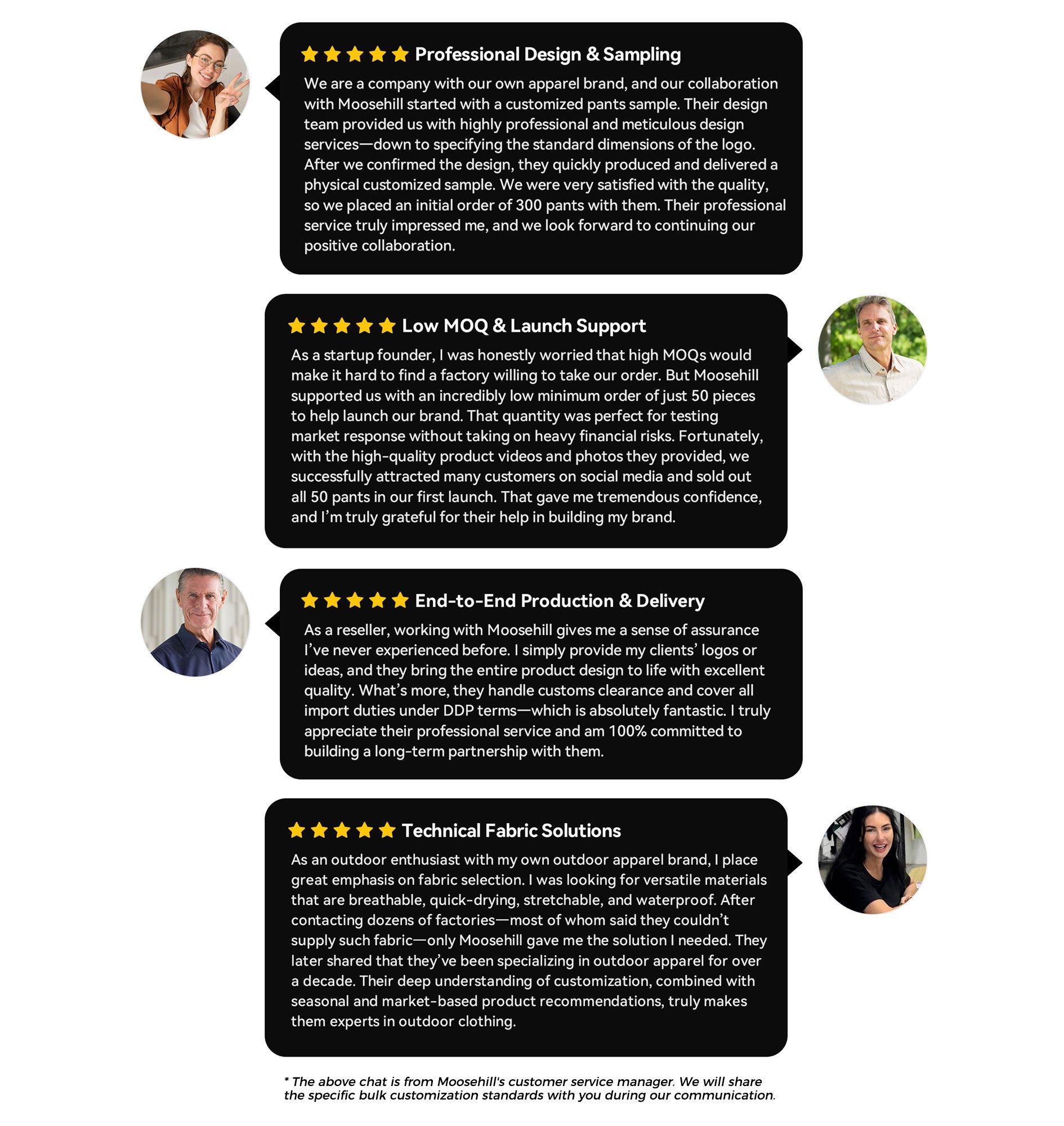 Collection of positive customer reviews and testimonials for Moosehill hiking pants, highlighting high-quality fabric, professional service, and reliable bulk order fulfillment for B2B clients and outdoor organizations.