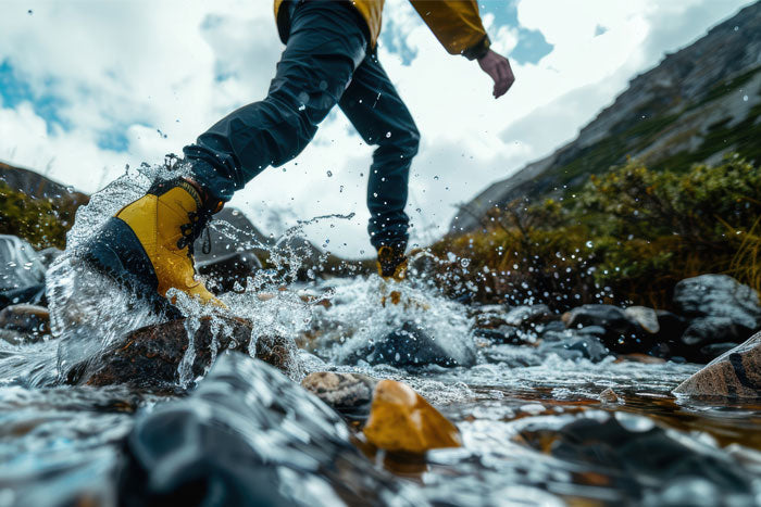 Moosehill men's waterproof hiking pants crossing a creek stream during a rugged outdoor adventure.