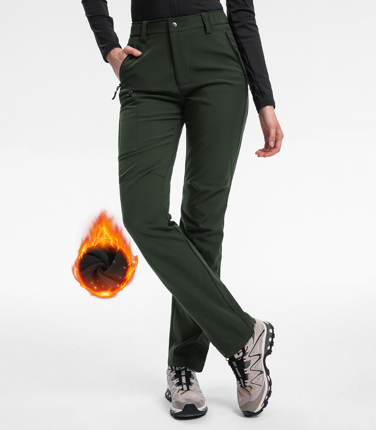 Women's Fleece Lined Hiking Pants #Color_Army Green