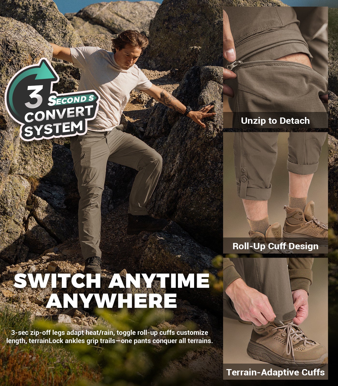 Men's Convertible Hiking Pants Quick Dry Cargo Pants - HikerFlex M015