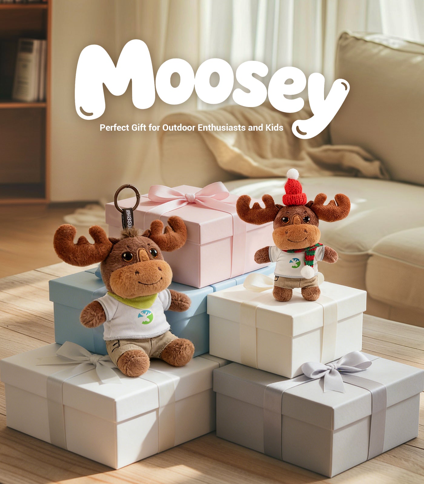 Moosehill Super Soft Outfit-Changeable Plush Lucky Moosey - Keychain for Backpacks - 5.5 Inches