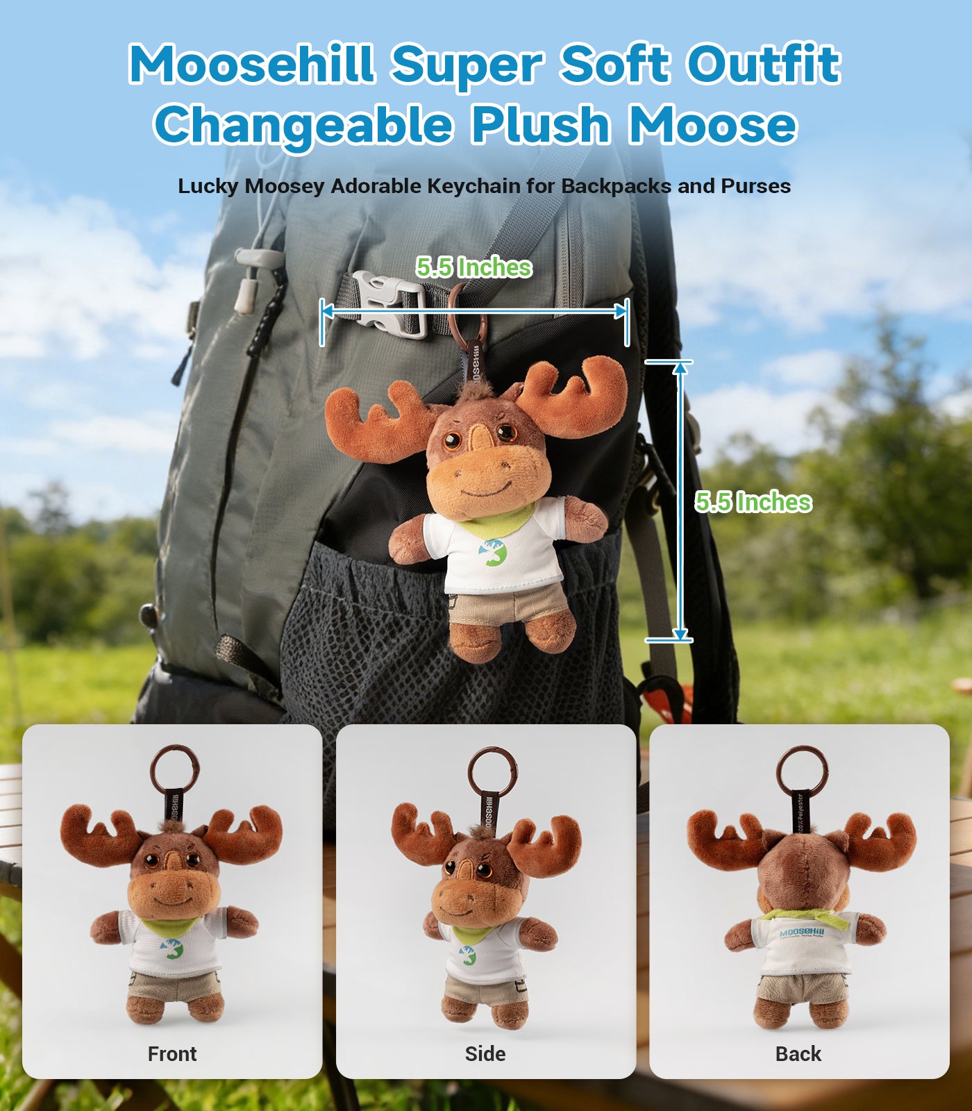 Moosehill Super Soft Outfit-Changeable Plush Lucky Moosey - Keychain for Backpacks - 5.5 Inches