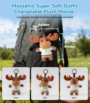 Moosehill Super Soft Outfit-Changeable Plush Lucky Moosey - Keychain for Backpacks - 5.5 Inches