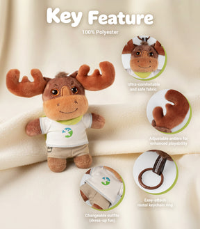 Moosehill Super Soft Outfit-Changeable Plush Lucky Moosey - Keychain for Backpacks - 5.5 Inches