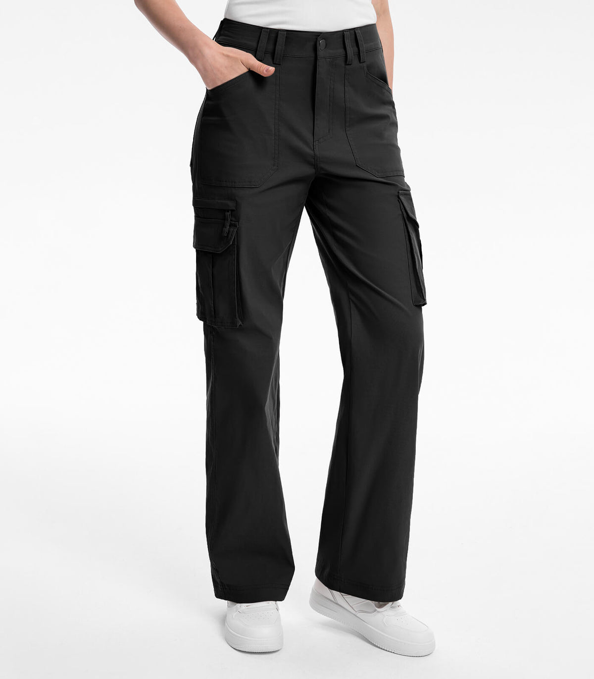Women's Cargo Hiking Pants High Waisted #Color_Black