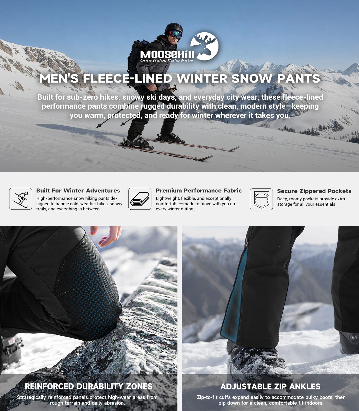 Pantalon d'hiver pour homme doublé en polaire - SnowVenture M055