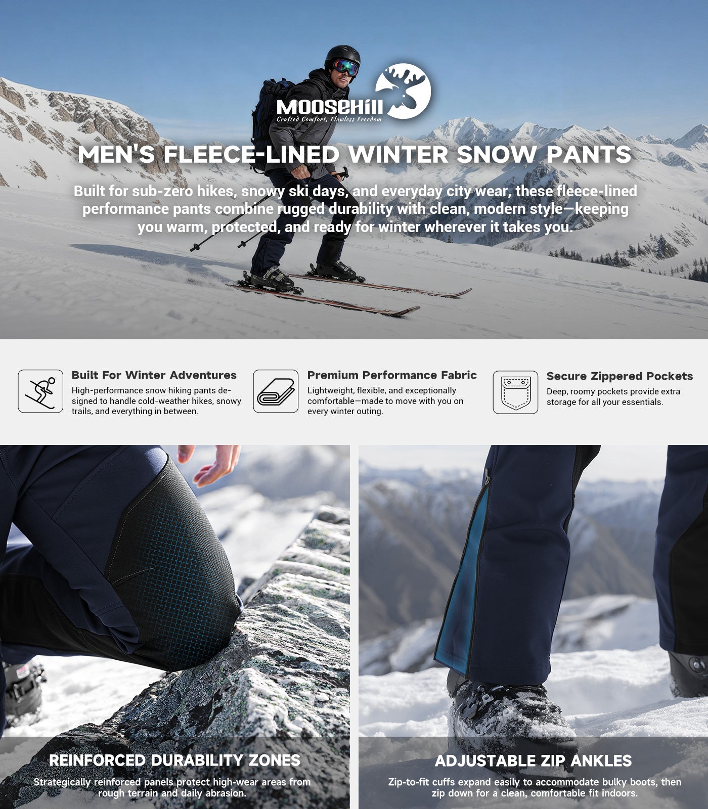 Pantalon d'hiver pour homme doublé en polaire - SnowVenture M055