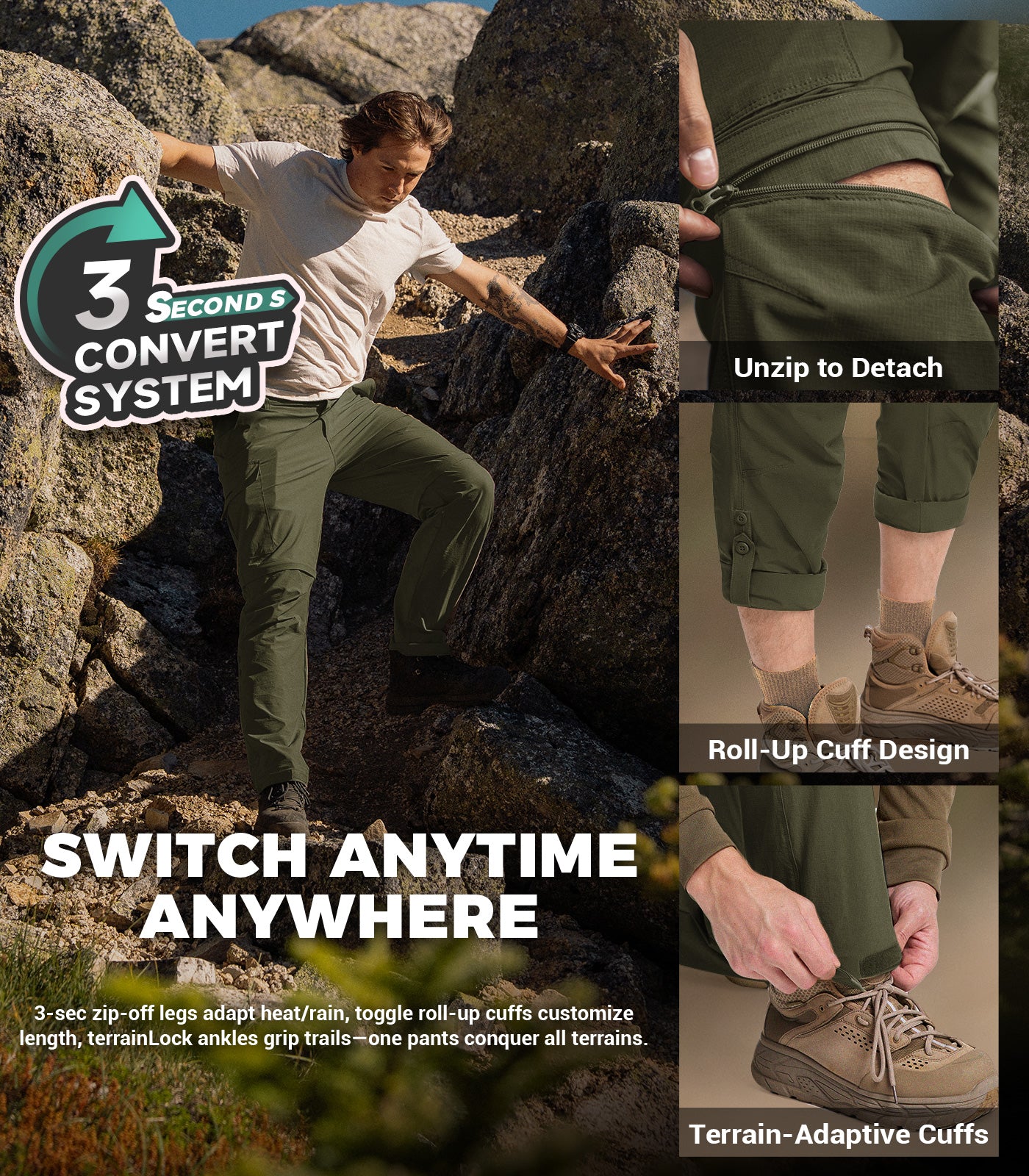 Men's Convertible Hiking Pants Quick Dry Cargo Pants - HikerFlex M015