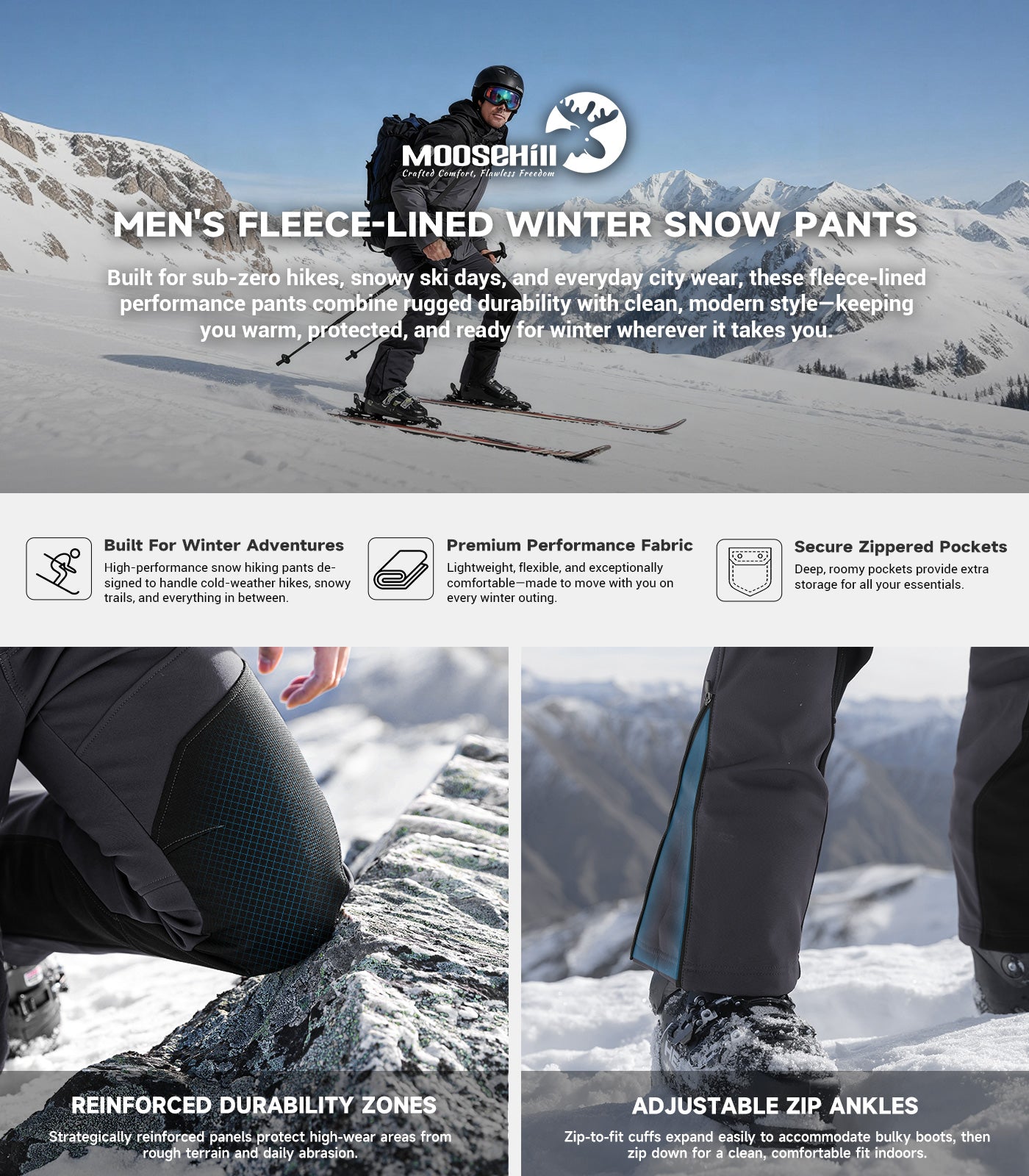 Pantalon d'hiver pour homme doublé en polaire - SnowVenture M055