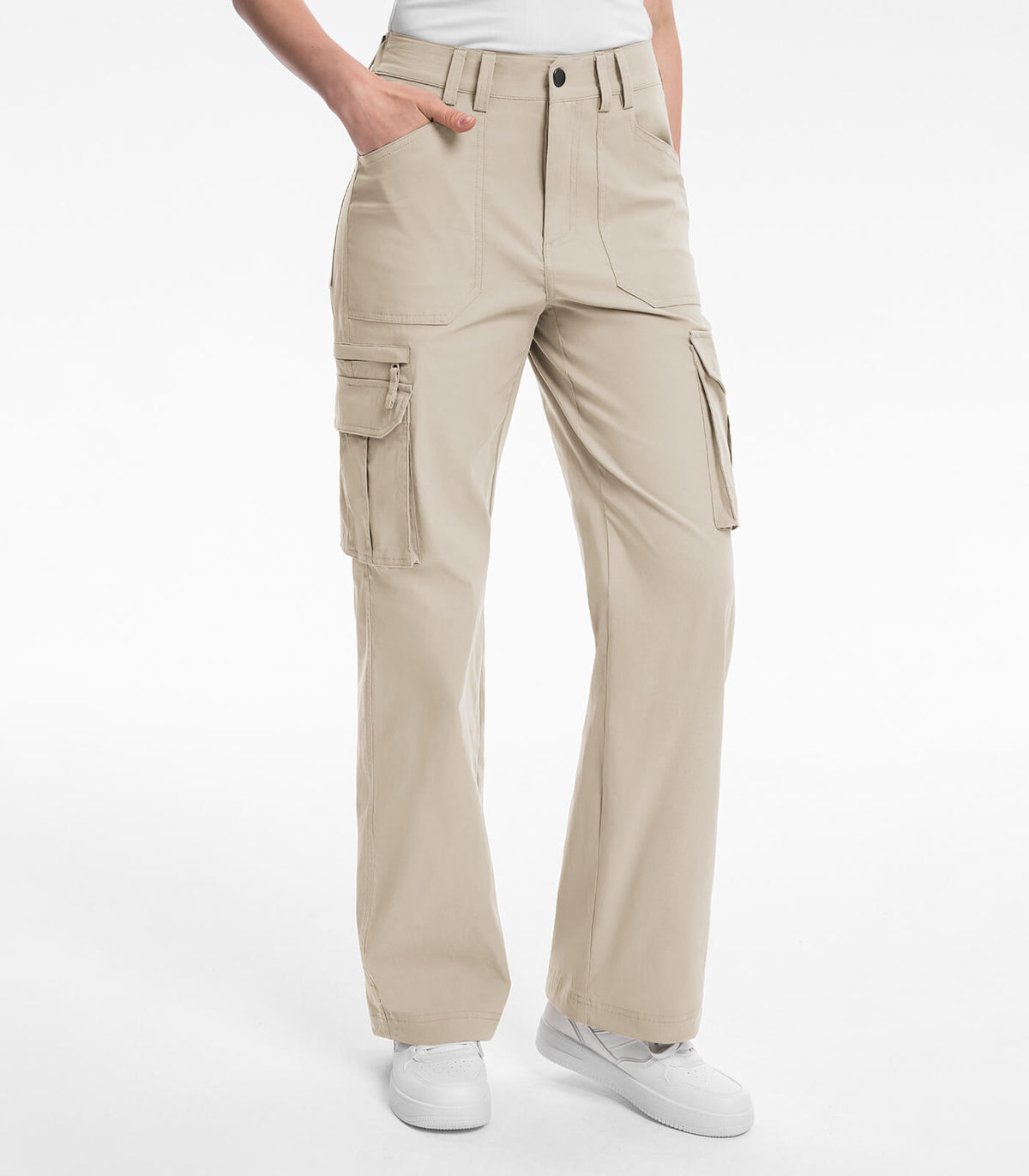 Women's Cargo Hiking Pants High Waisted #Color_Beige
