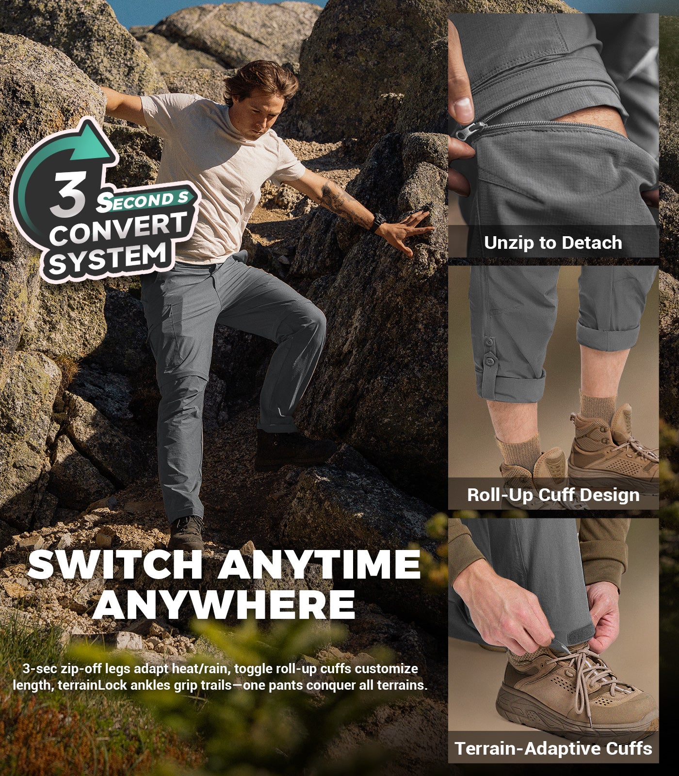 Men's Convertible Hiking Pants Quick Dry Cargo Pants - HikerFlex M015